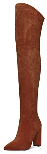 Aachcol Donna Sopra il Ginocchio Stivali Chunky Blocco Alto High Tacco Heel a Punta Cerniera 10 CM Marrone 2 Scamosciato 41 EU