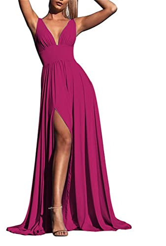 Vestidos largos de dama de honor con cuello en V profundo, plisados, corte acampanado, vestidos de fiesta de boda para mujer, fucsia, 48