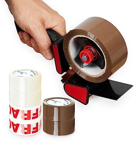 Ruban Adhésif d'Emballage Kit Dévidoir et 6 Rouleaux Rubans Adhésifs Marron Transparent Fragile pour Cartons Déménagement et Colis (Dévidoir Pistolet 6 Rouleaux)