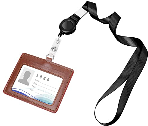 Vicloon Kartenhalter mit Umhängeband, Horizontal ID Ausweishalter mit Umhängeband, Ausweisjojo mit Leder Kartenhalter,Doppelseitig erhältlich, für Ausstellung, Büro, Mitarbeiter-Braun