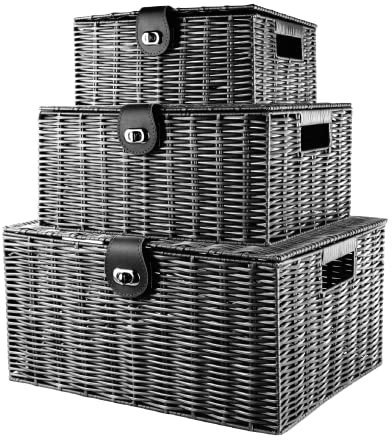 Unibos | Woven Wicker Hamper Basket | Comes with Lid & Lock | Decorative Storage Box | Resin Shelf Storage Baskets | for Organizing Toys, Clothes, Office etc | Insert Handles | Set of 3 | 𝗕𝗟𝗔𝗖𝗞