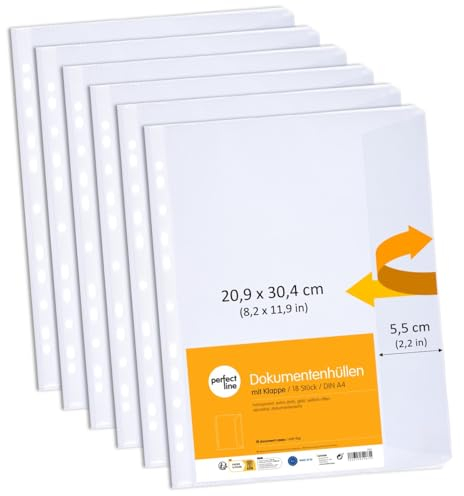 perfect line - 18 Dokumentenhüllen A4 mit Klappe - seitlich offen - glasklar, extra stark - aus recyclebarem Kunststoff, dokumentenecht, säurefrei