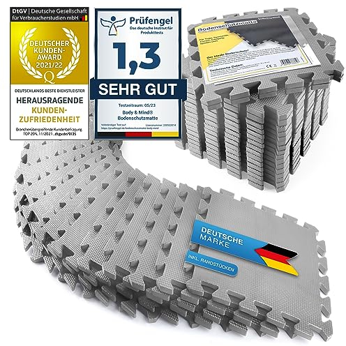 Boden-Schutzmatten XXL Set; Fitnessmatte Bodenschutz Puzzle-Matte; Unterlegmatte für Fitnessgeräte + GRATIS Anti-Rutschmatte; Trainingsmatte & Sport-Matte für Fitnessraum Keller Garage ca. 2m² Grau