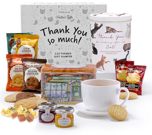 Hattie’s Gifts Cat Sitters Thank You Hamper - English Breakfast Tea Bags & Fudge Gift Set - Afternoon Tea, Shortbread & Thanks for Looking After My Cat Tin
