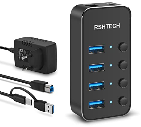 Hub USB Alimenté, RSHTECH Hub USB 3.0 Aluminium avec 4 Ports USB 3.0, Alimentation 10W(5V/2A), Câble de Données Hybride 2 en 1 (Type A/Type-C) et Interrupteurs Individuels, RSH-ST04