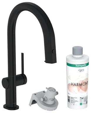 Hansgrohe Aqittura M91 Mitigeur de cuisine, kit de démarrage, FilterSystem 210, extractible jusquà 76cm, 1jet, sBox, 76800, Coloris: Noir Mat