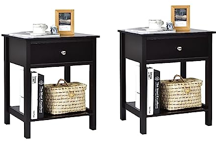 COSTWAY Nachttisch mit Schublade, Beistelltisch 2 Ebene Holz, Nachtkommode Nachtschrank Flurkommode, Flurtisch Telefontisch für Wohnzimmer Schlafzimmer, 48 x 40 x 58 cm (2, Schwarz)