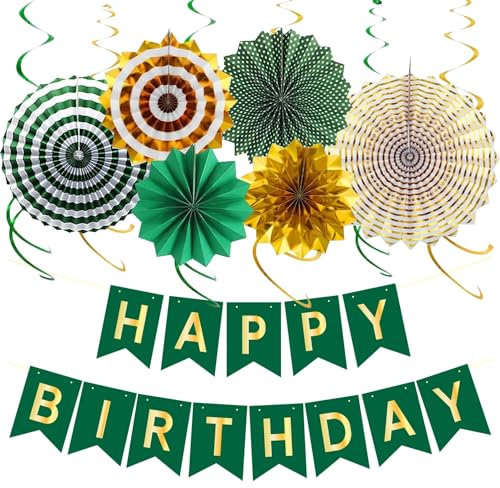 Joyeah Party Decorations - Happy Birthday Banner, Bunting, Paper Fans for Wedding, Mexican Parties - Green, Gold