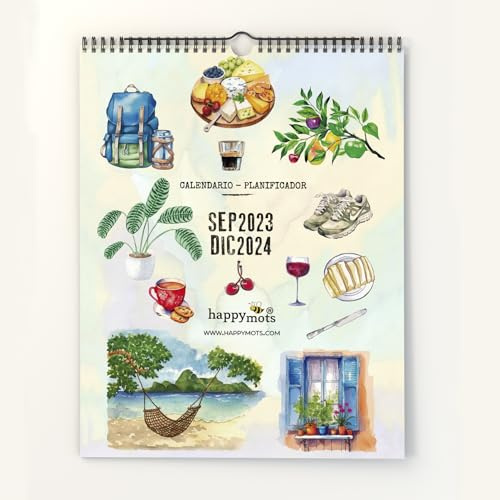 HappyMots Wandkalender 2023 2024 | 16 Monate Sep. 2023 bis Dez. 2024 | Kalender 2024 Monatsplaner | A3 Größe | Mit Platz zum Notieren