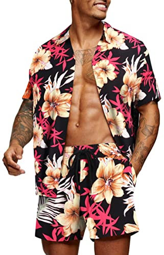 COOFANDY Ensemble de chemises et shorts hawaïens pour homme - 2 pièces - Flamant rose - Chemise tropicale à manches courtes - Tenue de vacances de plage - Tailles S à 3XL, Plantes Fleurs - Noir et