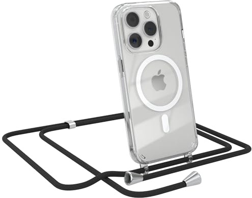 EAZY CASE - Handykette kompatibel mit iPhone 15 Pro Kette zum Umhängen Stoßfest Handyhülle für iPhone 15 Pro Silikon Hülle mit Band Handytasche Transparent als Fallschutz in Schwarz - Clips Silber