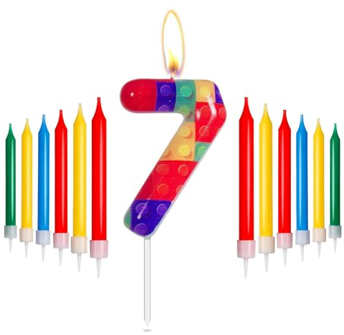 Bausteine Geburtstag Zahl 7 Kerzen, rot, gelb, grün, blau Kerzen für Kuchen, Pixel-Party-Kerzen, Baustein-Themen-Geburtstagskuchenkerzen für Jungen und Mädchen, 7. Geburtstag Dekorationen Supplies
