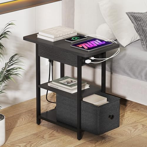 YITAHOME Narrow Side Table with Charging Station, Black Slim Side Table with Storage End Table with Drawers, Bedside Table with USB Ports Outlets Sofa Table Nightstand for Living Room, Bedroom