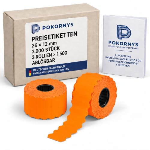 Pokornys - Preisetiketten 26 x 12 mm für Preisauszeichner, 3.000 Stück, 2 Rollen à 1.500, leuchtorange, ablösbar, 1-zeilig, kompatibel mit METO, Contact, Blitz, Jolly & SATO Kendo 26