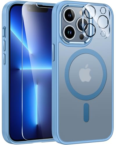 FNTCASE Coque iPhone 13 Pro: Étui Mat Translucide Magnétique avec Bouton en Métal avec Protecteur d'écran en Verre Trempé et étui Protecteur d'objectif - 6,1 Pouces (Bleu, iPhone 13 Pro)