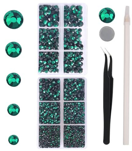 YHMQ DU Lot de 6616 strass en verre cristal Hotfix vert émeraude pour verres à boire, vêtements, chemises, dos plat rond avec pince à épiler et stylo de sélection (lot SS6-SS30)