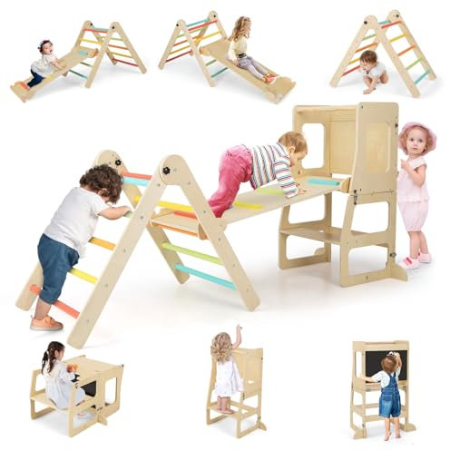 GOPLUS 7 en 1 Triangle d'escalade Montesorri Enfants Pliable avec Double Rampe, Escabeau Convertible&Tableau Noir, Table & Chaise,Tour d'Apprendissage,pour 3-14 Ans (Multicolore)