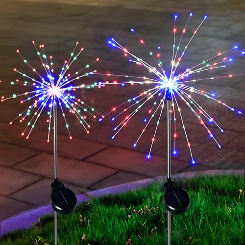Hopelit Gartendeko Solar Gartenleuchte Außen, Solarlampen für Außen Garten 2 Stück 150 LED, Gartenlichter Solar Feuerwerk 8 Modi Wasserdicht Für Pathway Yard Blumenkästen Deko(Bunt)