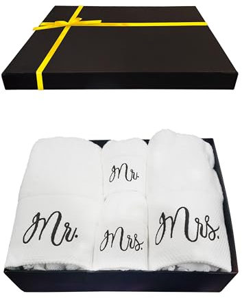 RUBBER BOND Mr and Mrs Handtuch-Set mit Geschenkbox – 4er-Pack Badetücher und Handtücher – Baumwollhandtücher Set – Hochzeit, Flitterwochen Geschenke für Paare – weißes Badezimmer-Handtuch-Set mit