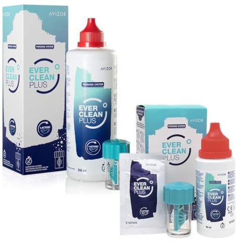 Avízor Ever Clean Plus – Contact Lens Cleaning and Disinfection Solution – Deep Lipid Deposit Removal – 350ml Bottle + 45 Tablets & 60ml Bottle + 8 Tablets – Travel Kit