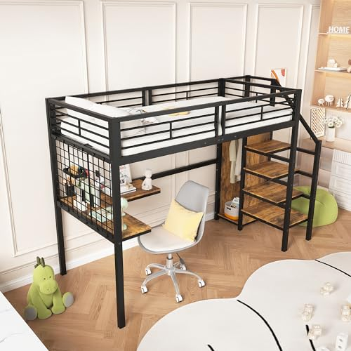 Kinderbett Hochbett 90x200, Metallbett Eisenbett mit Kleiderschrank&Schreibtisch, Seitenleiter mit Handlauf, Bettgestell mit Fallschutzgitter&Lattenrost, Etagenbett Jugendbett Funktionsbett, Schwarz