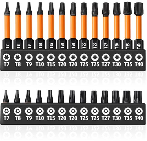 26 Stück Torx Bit Set aus S2-Stahl,1/4-Sechskantschäften, Enthält 13 Stück 50 mm lange Torx Bit ohne Löcher, 13 Stück 25 mm lange Torx Bit mit Löchern