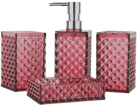 Bathroom Accessories Set, 4 Pcs Bathroom Accessory Set with Lotion Soap Dispenser, Bathroom Toothbrush Holder, Soap Dish and Mouthwash Cup, Red Bathroom Decor Sets, Gift for Home Apartment