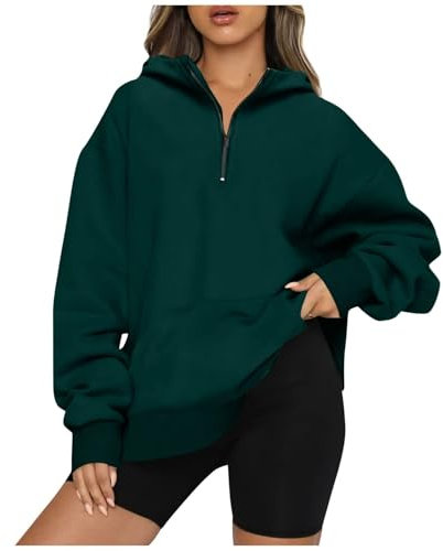 PODOLIXIA Sudadera para mujer sin capucha, cuello alto con cremallera 1/4, sudadera para mujer, de manga larga, monocolor, suelta, informal, manga larga, Botella Verde, XXL