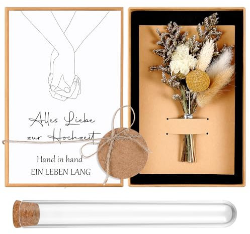 Hestya Hochzeit Geldgeschenk Set inklusive Getrocknete Blumen Grußkarte Kunststoff Reagenzglas Geschenkbox Runder Kraftpapier Anhänger Hanfseil für Brautpaar (Alles Liebe zur Hochzeit)