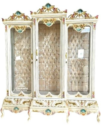 CasAmin Home & Living Riesige Deluxe Vitrine in 3 Komponenten Retro Barock Stil in Beige für Hausdekoration