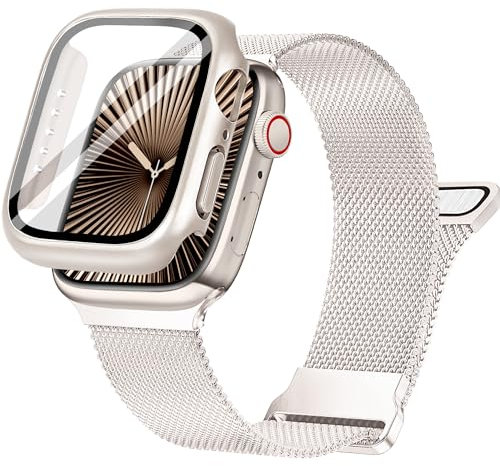 Ocaer Kompatibel mit Apple Watch 11 10 Armband+Hülle 42mm, Metall Magnetisch iWatch Armband mit Bildschirmschutz für Apple Watch Series 10, Edelstahl Milanese Loop Band (Polarstern, 42mm)