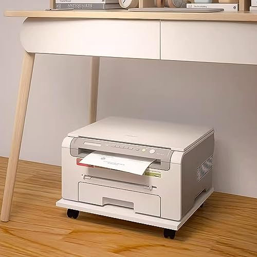 Under Desk Printer Stand with Wheels White Desktop Printer Stand with CPU Holder and Plant Rack Office Printer Copier Stand for Workspace Organization (34x29x6.6cm)