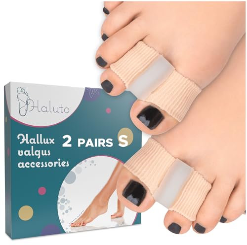 HALUTO Hallux Valgus Korrektur Zehenspreizer 4 Stück - Effektiver Hallux Valgus Schutz - Zehentrenner Hallux Valgus für zwei Zehen - Silikon Schutz Komfort und Ausrichtung - S
