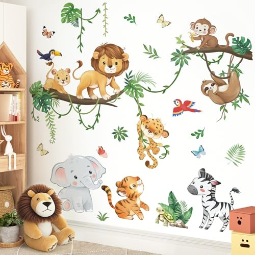 wondever Wandtattoo Dschungel Tiere Baum Zweig Wandsticker Kinder Tiere | Abziehen und Aufkleben, Abziehbar, Wandaufkleber Selbstklebend für Kinderzimmer Babyzimmer Schlafzimmer Wanddeko