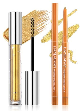 Prreal Gold Glitter Mascara & Eyeliner Set, Quick-dry Metallic Mascara Diamond Shimmer for Eyelashes, Eyeliner Waterproof, Long Lasting Curling Volumizing Eye Makeup for Party Festival