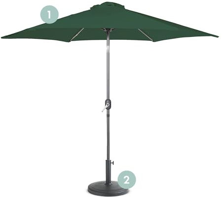 VonHaus Parasol with Base – 2.7M Parasol Umbrella for Outdoor, Garden, Patio – Sun Shade Canopy with Hand Crank & Tilt Function – UV30+ Protection, Air Vent, Powder Coated Steel Frame, Dark Green
