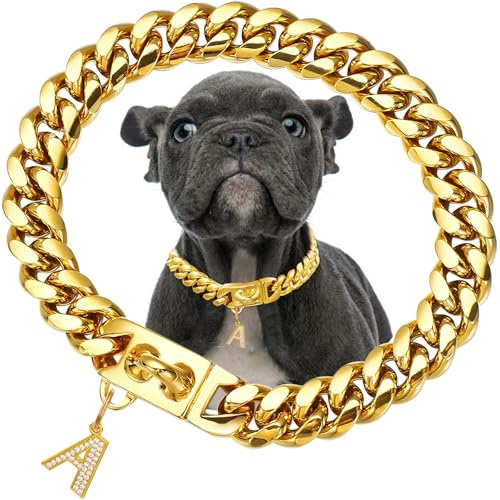 15mm breite goldene Hundekette mit Anhänger,18K vergoldete Edelstahl-Walking-Ketten aus kubanischen Gliedern,Starke,kausichere Halsbänder für kleine und mittelgroße Hunde (45cm)
