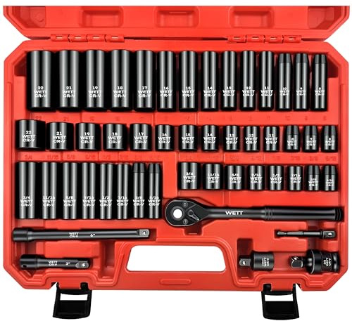WETT Steckschlüssel-Set, 3/8-Zoll-Antrieb, 50-teilig, SAE/metrisch, tief/halb, mit verstellbarem Ratschengriff, Verlängerungsstange, Universalgelenk, Adapter und Reduzierstück, Cr-V-Stahl, (5/16-3/4
