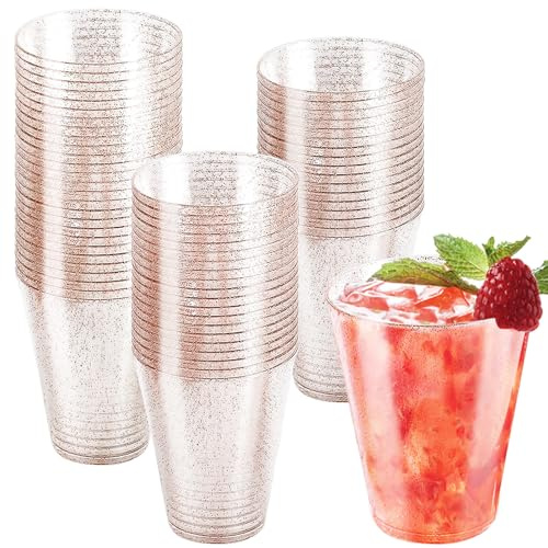 Aicharynic Lot de 60 gobelets en plastique rigide de 300 ml - Avec paillettes dorées - Réutilisables - Transparents - Pour mariage, anniversaire, cocktail, dessert