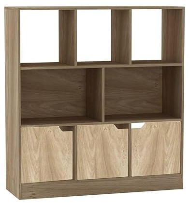 URBNLIVING Oak 8 Cube Asymmetrical Bookcase – Freestanding Storage Cabinet with 3 Doors - Basic Doors - Oak