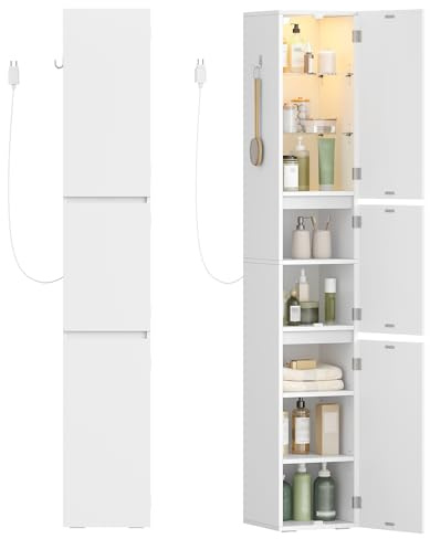 HEXCELEN Badezimmerschrank, 180 cm Hoher, Schlanker Badezimmerschrank | Badezimmermöbel, Aufbewahrungsschrank mit Verstellbaren Ablage, 3 Schranktüren, Rutschfeste Füße für Kleine Räume Weiß