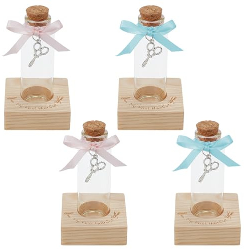 WEBEEDY 4 Sets First Haircut Keepsake Holder Set First Curl Keepsake Glass Jar Hair Memory Bottles with Cork, Scissors Charm & Wooden Base, Haircut Teeth Storage Memorial Sentimental Gift for a Mom