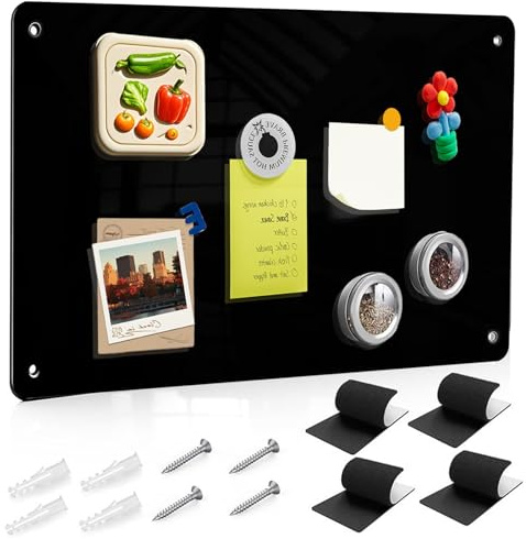 Magnettafel Schwarz, Metall Magnetwand Groß 42x30cm Magnetic Board Magnettafeln mit Zauberklebern und Schrauben für Büros, Magnettafel Küche, Notizen und Fotos