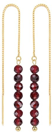 Natural Crystal Granat Threader Ohrringe, 14k Gold Plattiert, 7.6 cm Gesamtlänge, Facettierte Granat Perlen, 925 Sterling Silber Nadel, Elegant Durchzieher Design