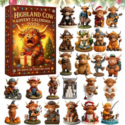 Highland Cow Adventskalender 2025, 24-tägiger Weihnachtskalender mit 24 einzigartigen 3D Kuhpuppen Ornamente, Weihnachtsbaumdekoration, Geschenk für Kuhliebhaber (#01)