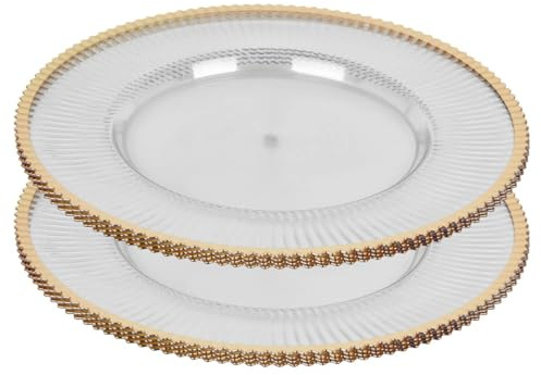 URBNLIVING 33cm Clear Fluted Charger Plates – Silver & Gold Rim Underplates for Weddings, Parties & Table Settings | Decorative Dining Tableware - Gold - Set of 12
