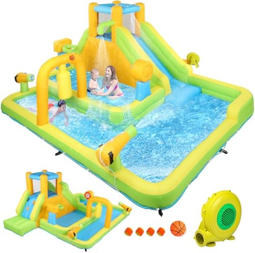 Bonnlo 8-in-1 Bouncy Castle with Blower, Inflatable Water Slide with Deep Pool, Climbing Wall, Obstacle Course, Kids Bouncy Castle for Garden Backyard, 450x300x180cm, Ages 3-8 Years