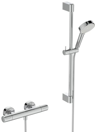 Ideal Standard Ceratherm T25 N Duscharmatur Paket, Wassersparende Eco Brause mit variablen Strahlarten (6 l/min), inklusive Thermostat mit Verbrühschutz und Duschstange (600 mm) – Chrom