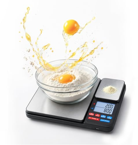 Tolesum Bilancia da Cucina Digitale con Doppia Piattaforma (10kg/1g e 500g/0.01g), Bilancia per Alimenti Ricaricabile USB/Batterie, 14 Unità, Funzione PCS e Auto-Off per Caffè, Pasticceria e Casa