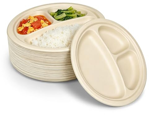 PRITOK - Juego de 50 platos grandes de cartón de bagazo redondos con 3 compartimentos, súper rígidos, reciclables, vajilla de camping, microondas y horno para fiestas, picnics